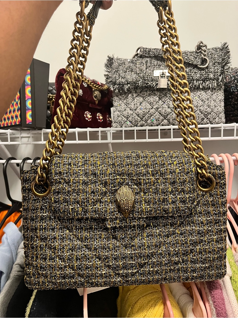 Kurt Geiger Large Woven Tweed Chain-Handle Shoulder Bag - Black & Gold